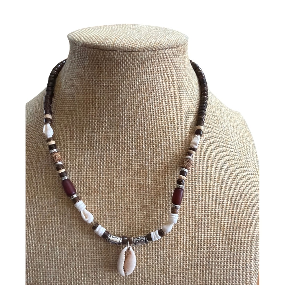 Cowrie Shell Wood Bead Necklace Brown White Coastal Surfer Boho Coastal